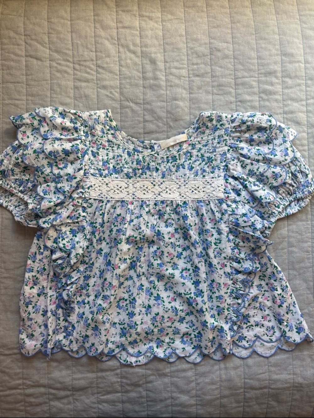 LoveShackFancy White Floral Lace Yoke Ruffle Sleeve Top